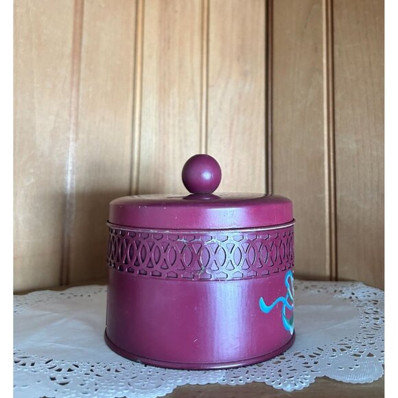 Vintage Hand-Painted Floral Decorative Toleware Lidded Tin Box Cannister Vanity - Picture 4 of 7